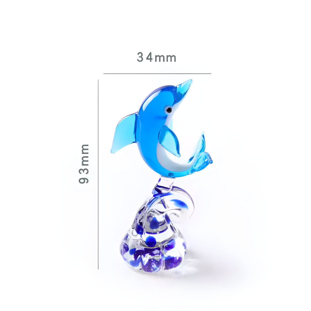 Figura de delfín de cristal azul sobre una ola, 93x34 mm, diseño brillante con inspiración retro digital.