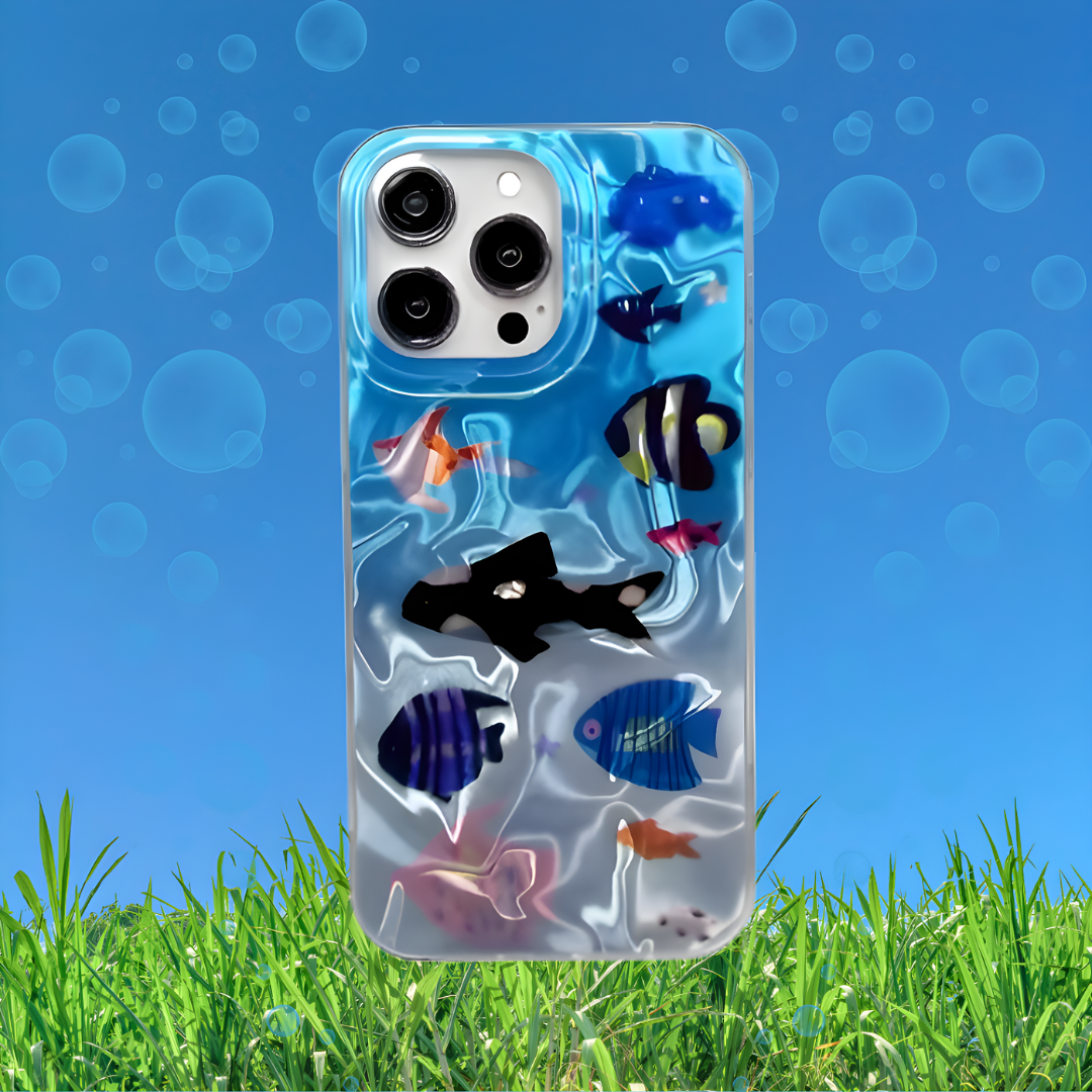 Funda Océano Frutiger Aero para iPhone con fondo digital azul y burbujas