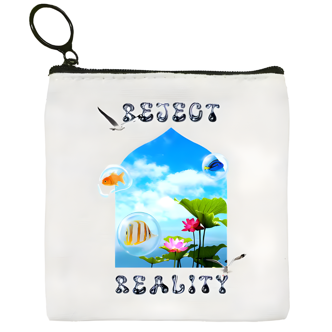Monedero Frutiger Aero con peces y frase reject reality