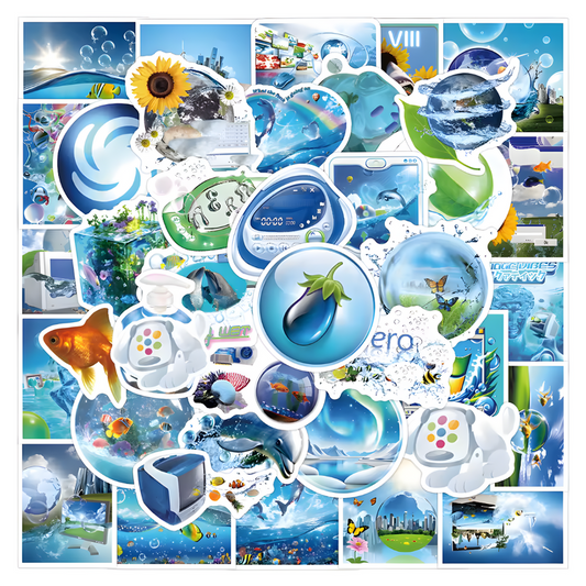 Pegatinas estilo Frutiger Aero distribuidas sobre fondo claro, estética 2000s