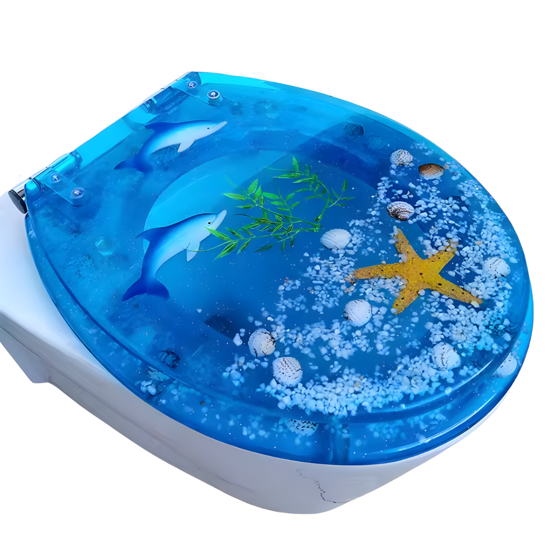 Tapa de inodoro Frutiger Aero modelo Océano con delfines flotando en agua azul