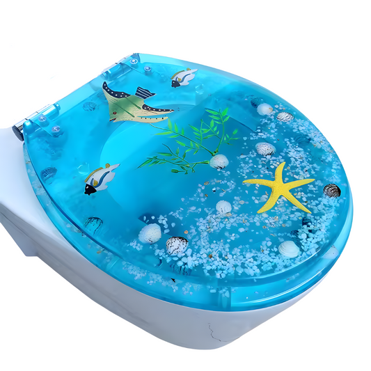 Tapa de inodoro Frutiger Aero Playa Azul instalada en baño moderno