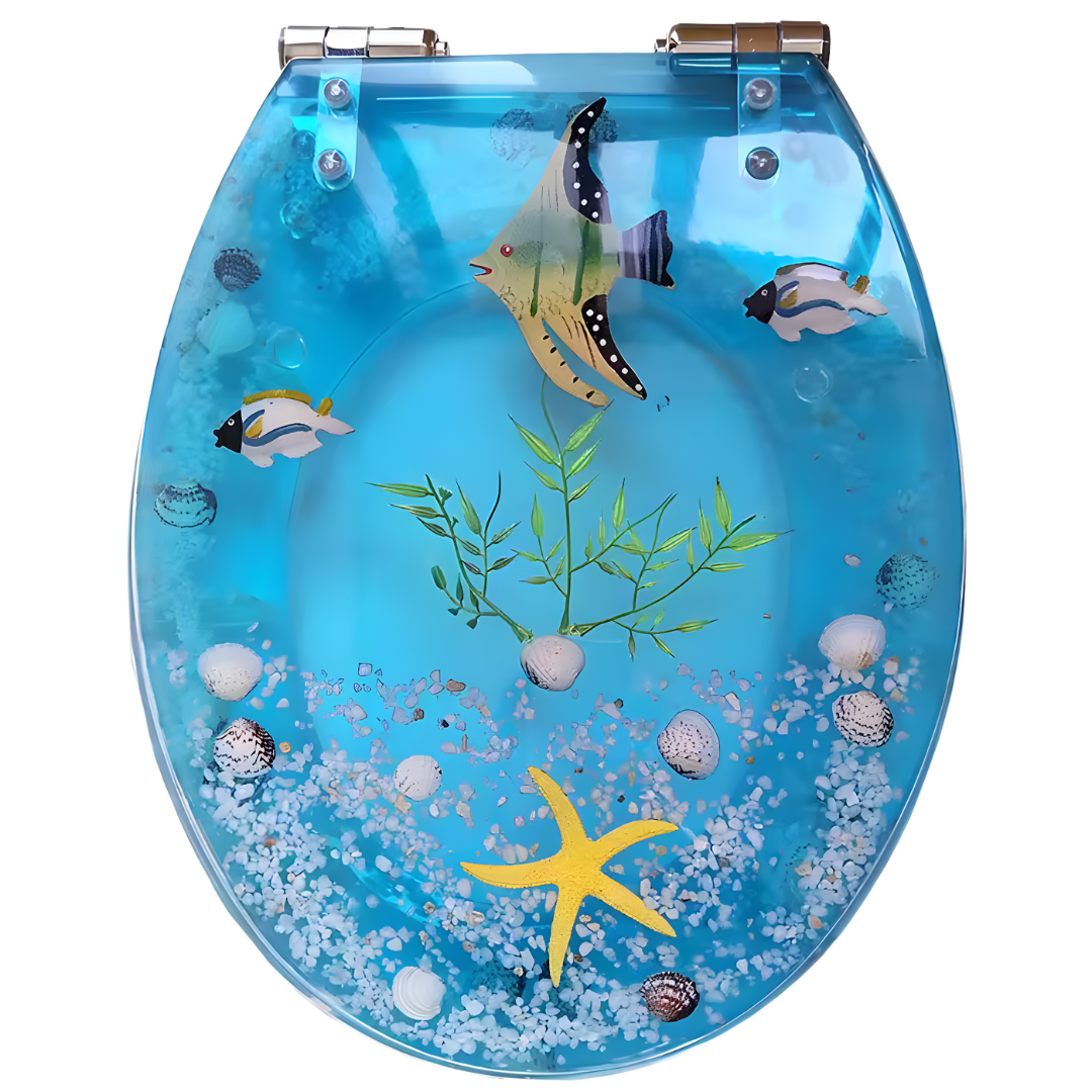Tapa de inodoro modelo Playa Azul con peces tropicales y fondo marino en tonos cristalinos