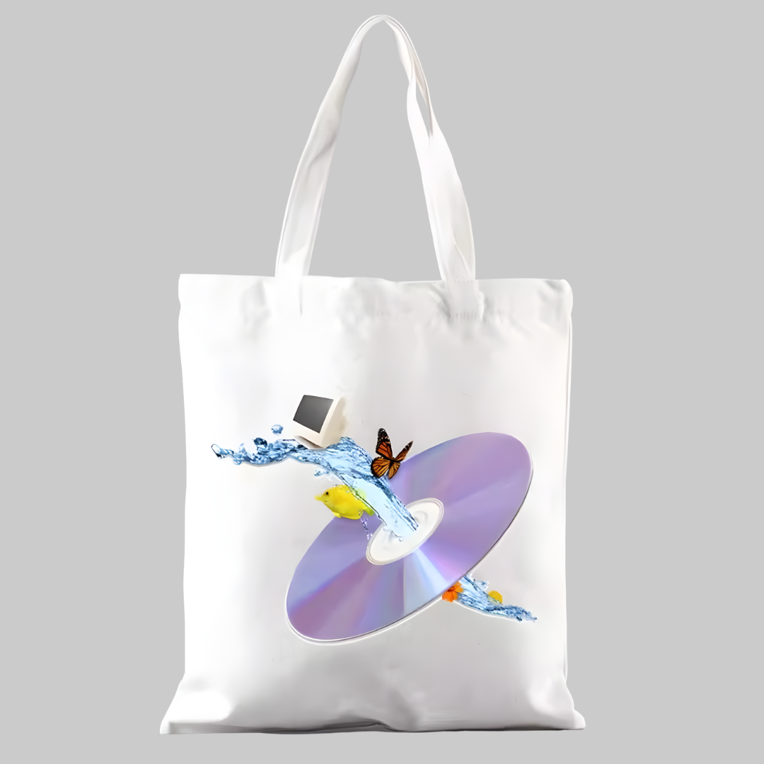Tote bag con CD, agua, peces y TV retro, homenaje visual al diseño digital