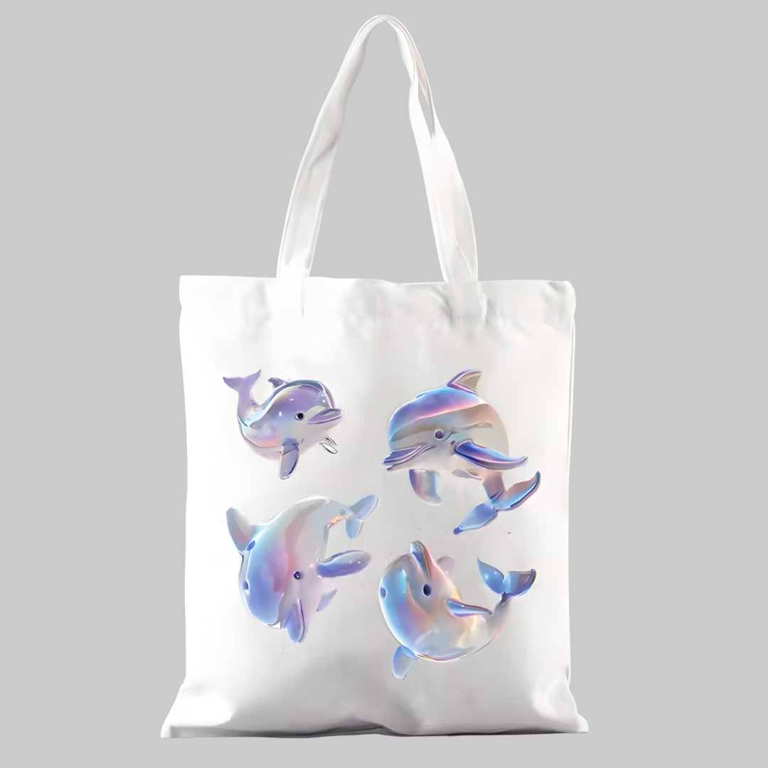 Bolsa Frutiger Aero con ilustración de cuatro delfines brillantes estilo acuático
