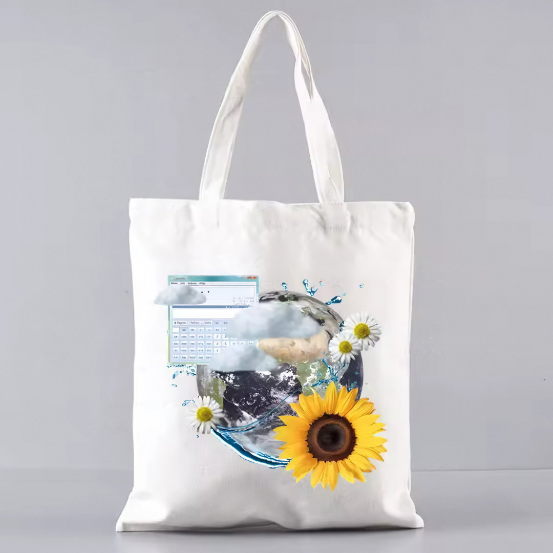 Tote bag con girasoles y error de Windows XP, diseño irónico y nostálgico
