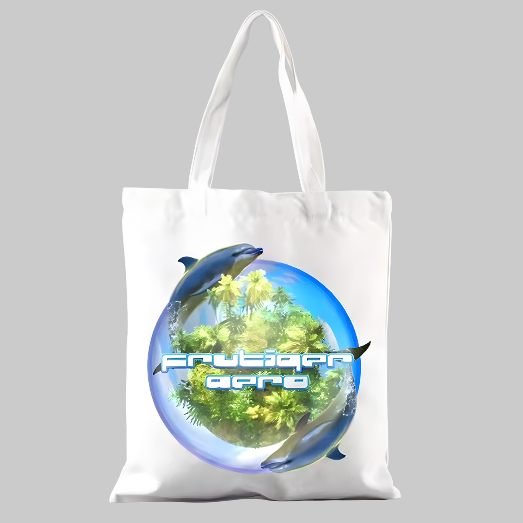 Tote bag con bola de agua, isla circular y delfines, estética digital 2000s