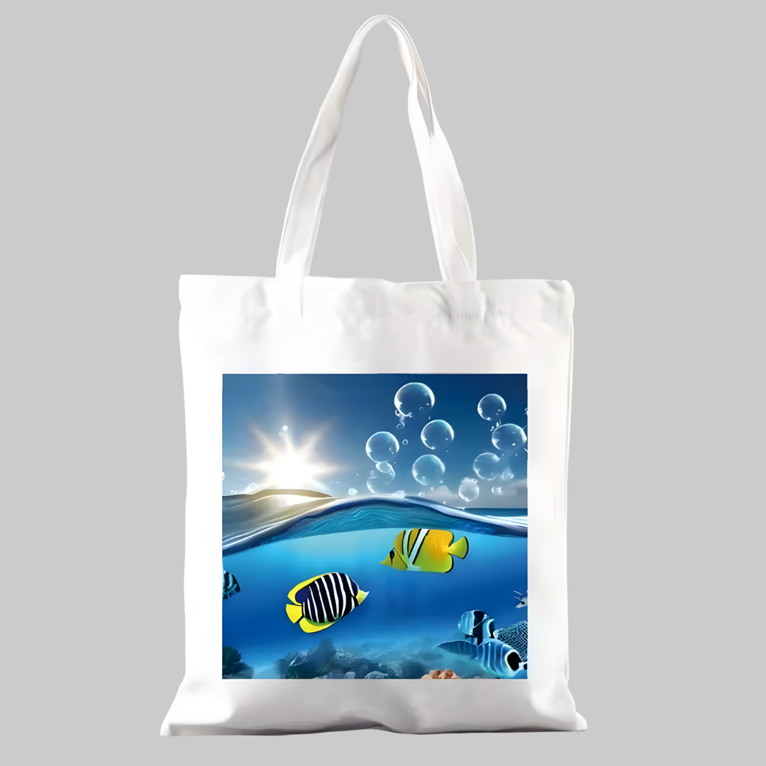 Bolsa con ilustración de mar, peces y sol brillante, estilo retrofuturista