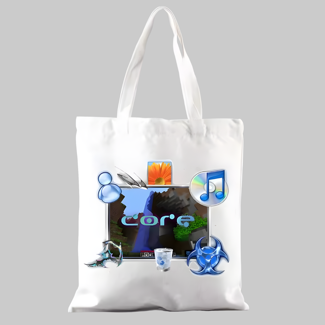 Bolsa con diseño de Minecraft mezclado con estética Frutiger Aero, brillante y pixelada