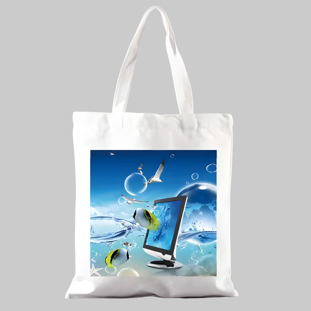 Bolsa estilo Frutiger Aero con fondo azul, burbujas, peces y ordenador retro