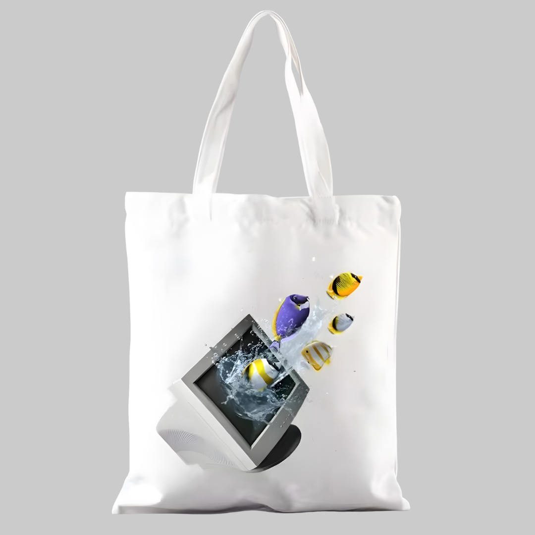 Tote bag con peces saliendo de una televisión retro, diseño nostálgico Y2K