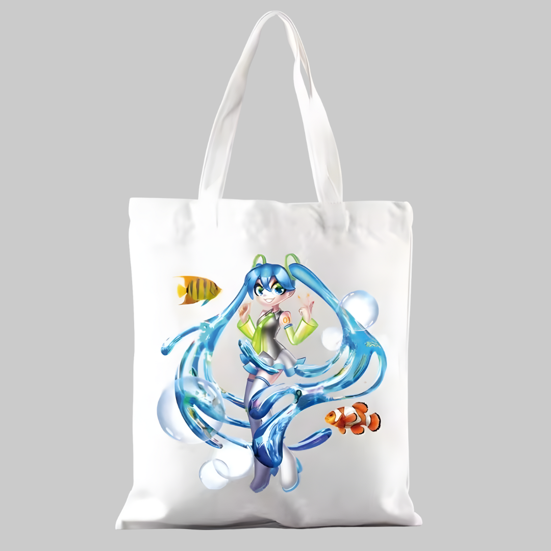 Tote bag con personaje de videojuego retro rodeado de peces, estilo Frutiger Aero