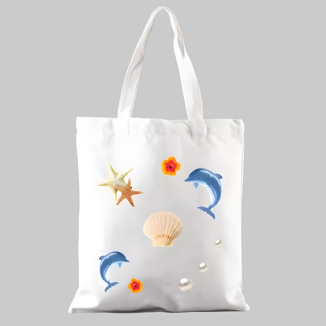 Tote bag con decoración playera y elementos marinos, estética digital retro