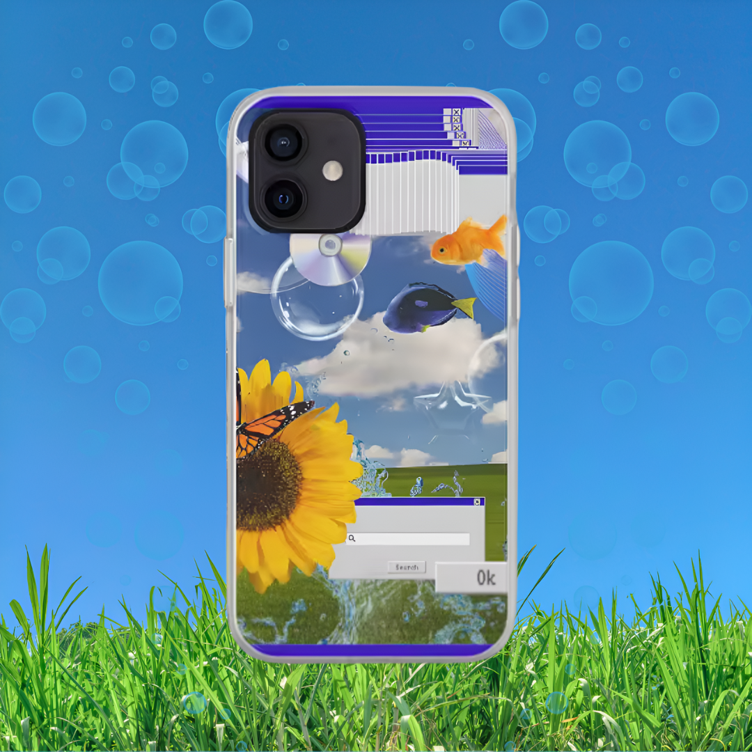 Funda iPhone Frutiger Aero con fondo estilo Y2K, burbujas, césped y cielo azul digital