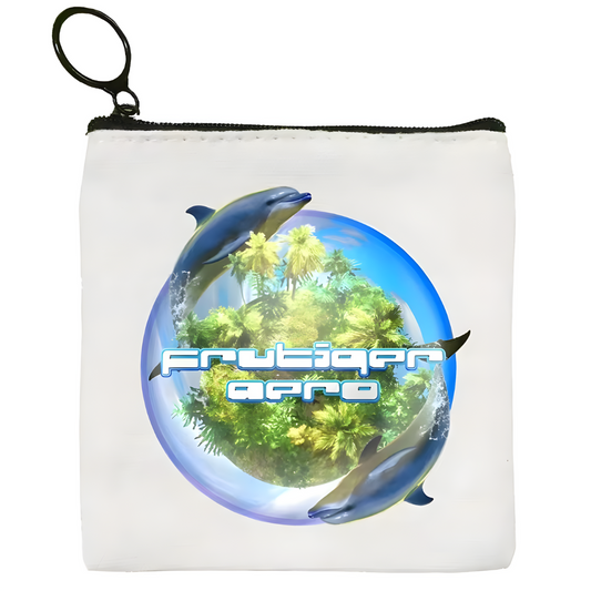 Monedero Frutiger Aero con bola de agua y delfines en isla retro