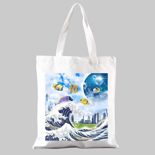 Tote bag Frutiger Aero con ola y paisaje urbano de fondo, estilo digital de los 2000