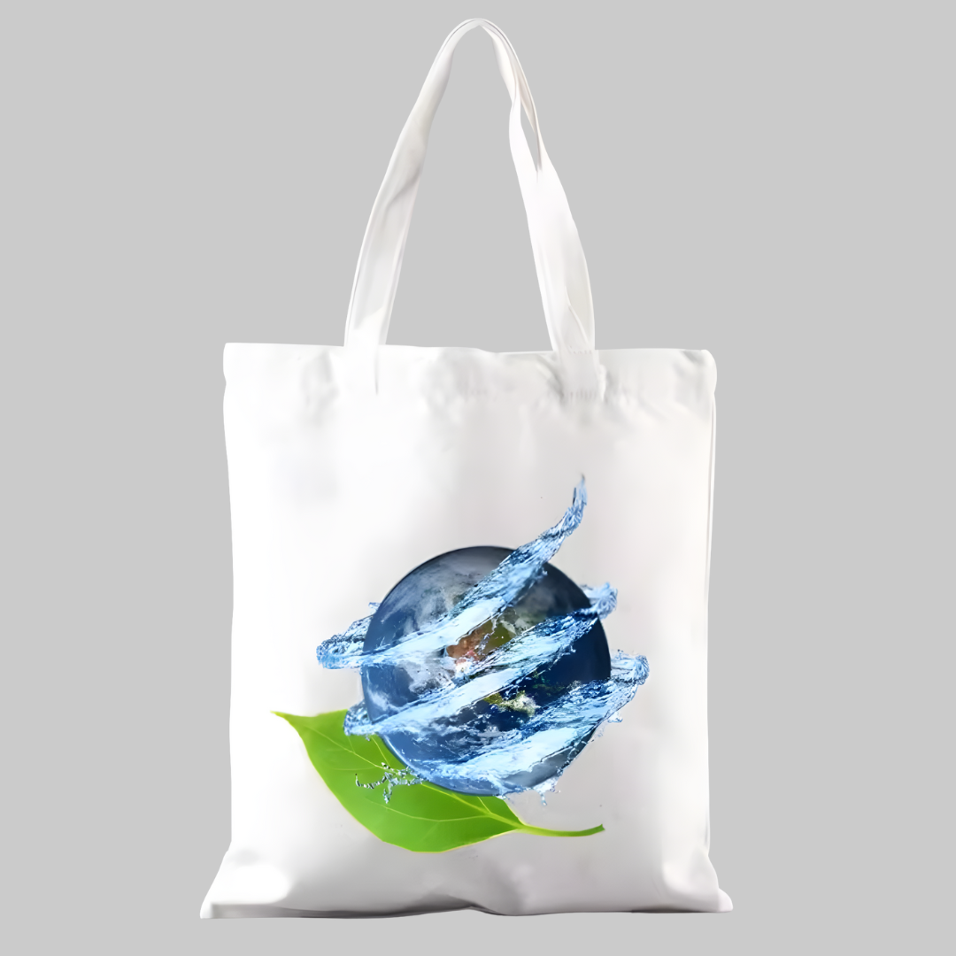 Bolsa con la Tierra rodeada de agua y hoja, estilo Frutiger Aero ecológico y brillante